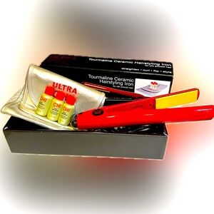 ULTRA CHI RED TOURMALINE CERAMIC HAIR 1” FLAT IRON STRAIGHTENER HEAT POUCH SILK